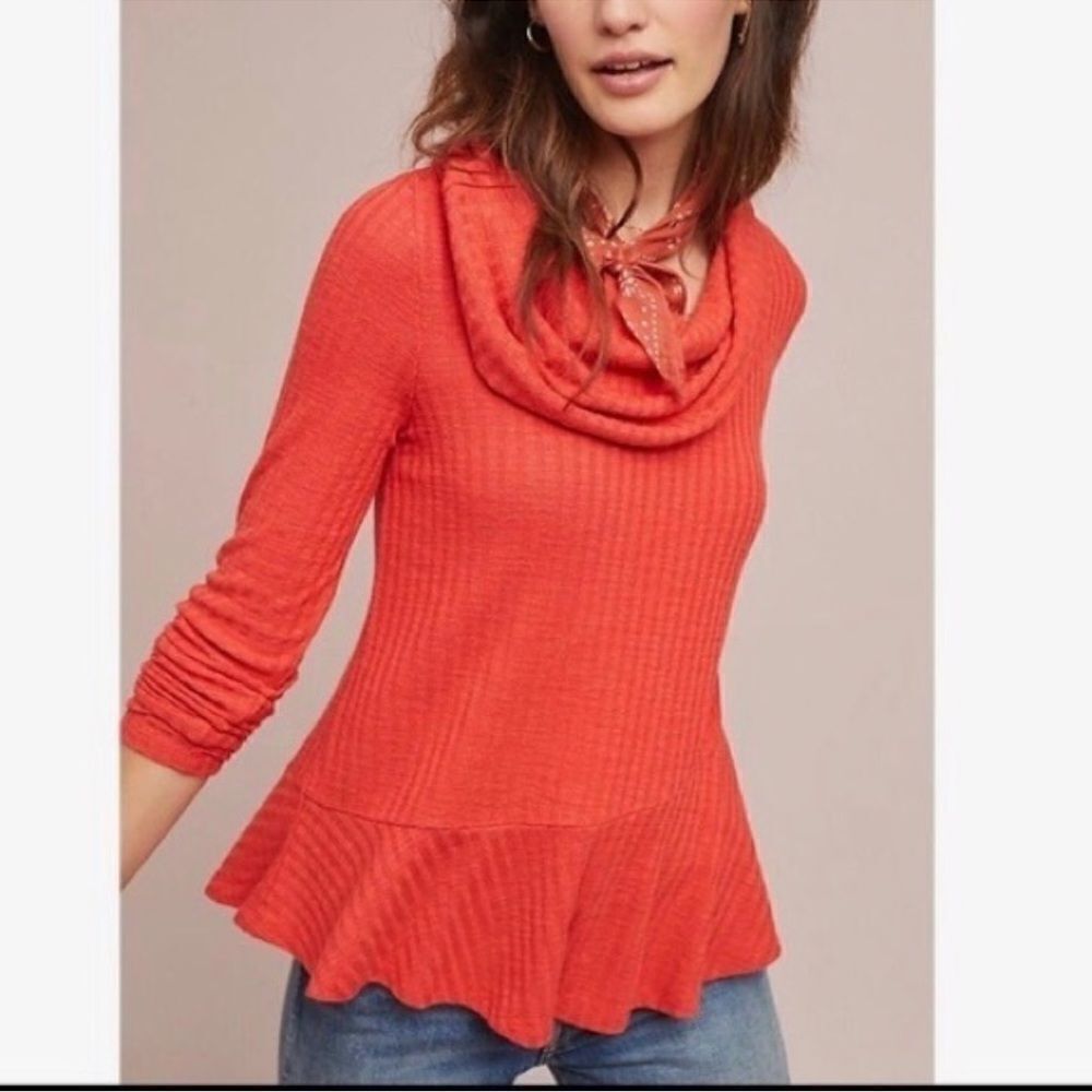 Anthropologie Maeve Coral Waffle Knit Peplum Winterscape Cowl Neck Size Large